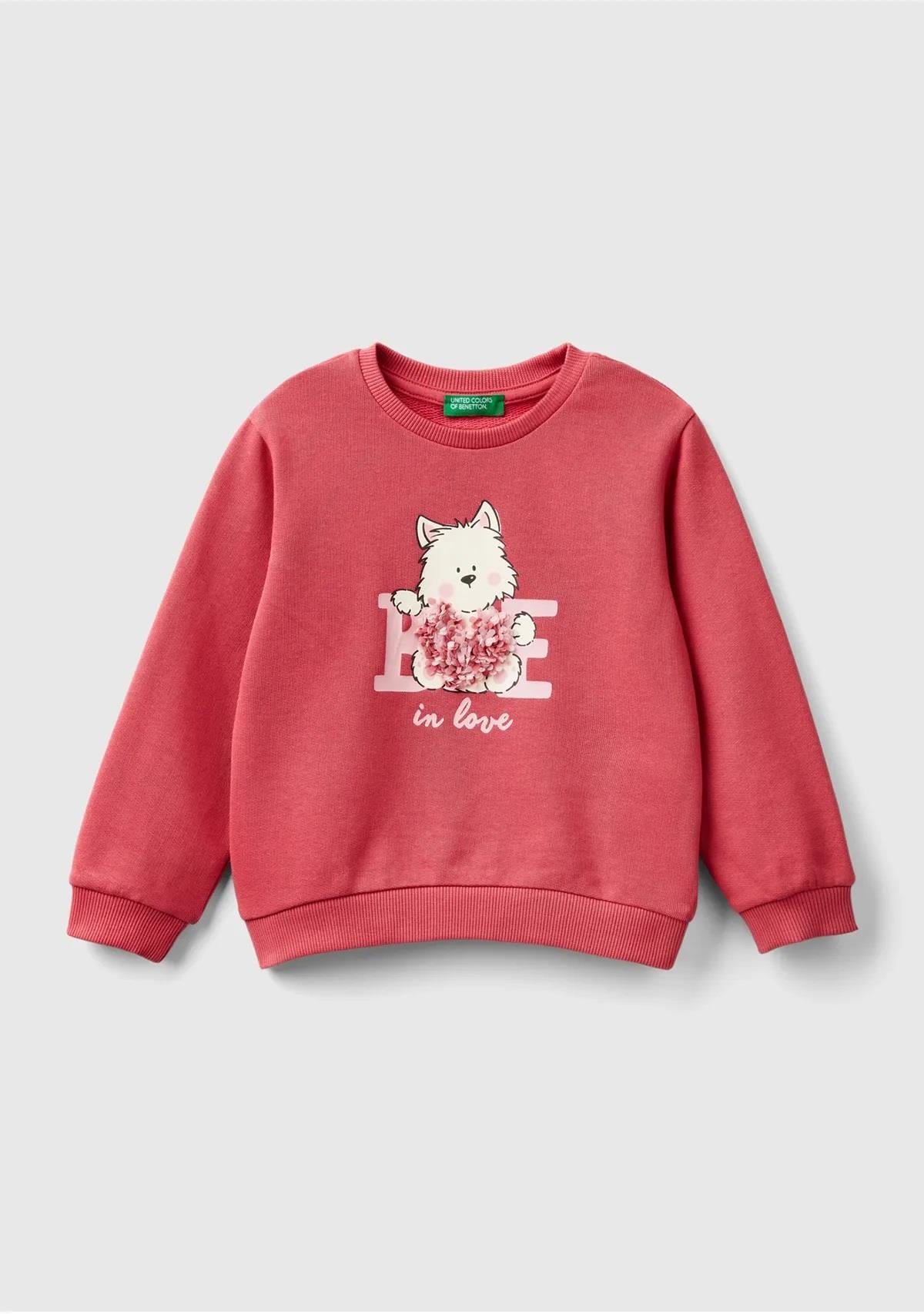 United Colors of Benetton Kız Çocuk Gül Kurusu Önü İşlemeli Ribana Detaylı Normal Kesim Bisiklet Yaka Sweatshirt