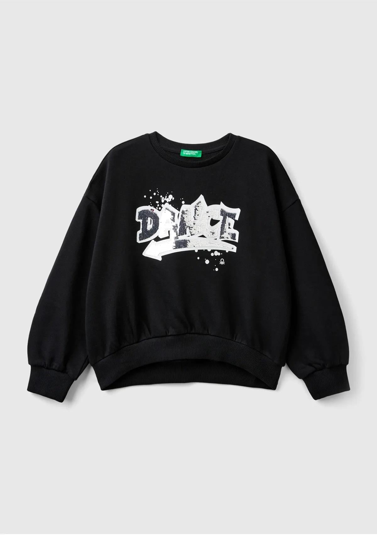 United Colors of Benetton Kız Çocuk Siyah Önü Pullu Baskı Detaylı Bisiklet Yaka Sweatshirt