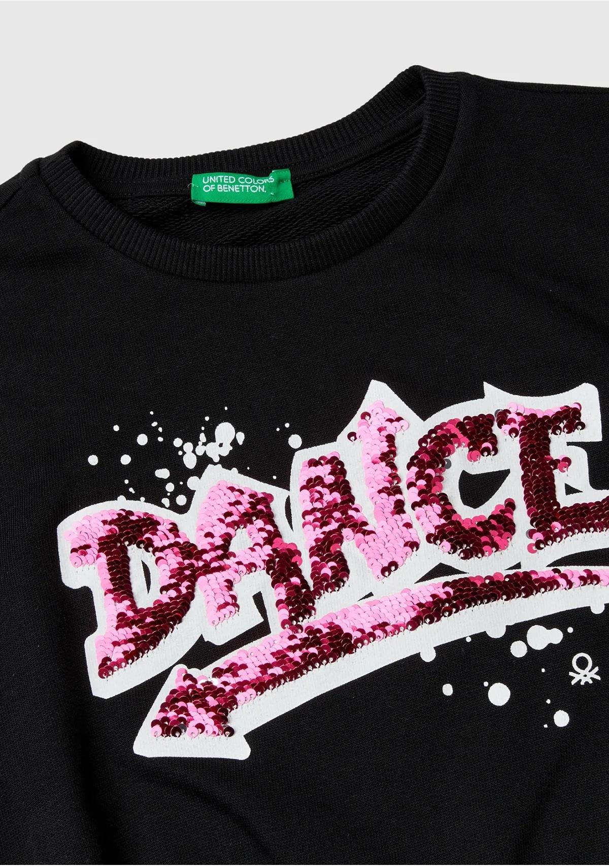 United Colors of Benetton Kız Çocuk Siyah Önü Pullu Baskı Detaylı Bisiklet Yaka Sweatshirt