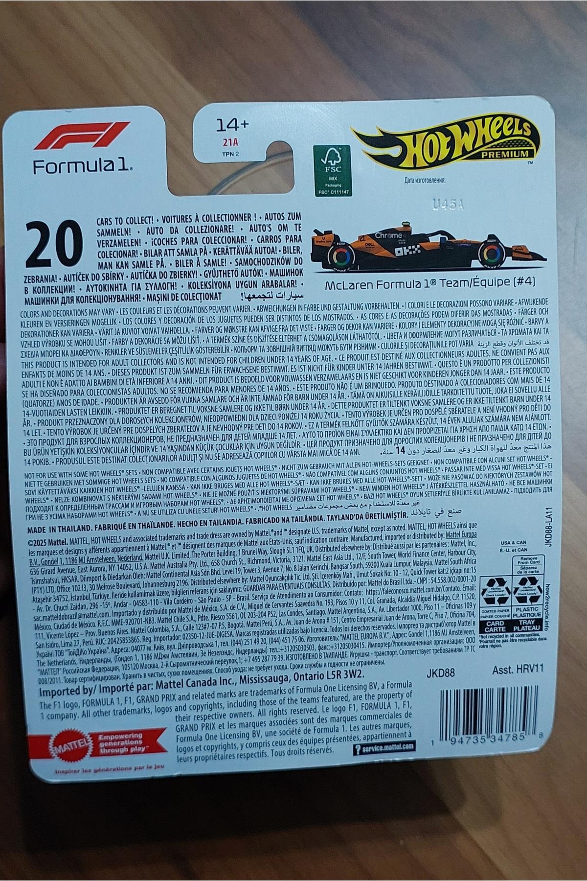 Hot Wheels Premium 2025 Formula 1 Yarış Arabası McLaren Formula 1 Team JKD88