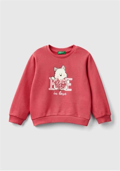 United Colors of Benetton Kız Çocuk Gül Kurusu Önü İşlemeli Ribana Detaylı Normal Kesim Bisiklet Yaka Sweatshirt