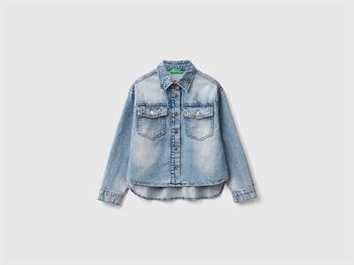 United Colors of Benetton Kız Çocuk Açık Denim Göğüs Cepli Gömlek