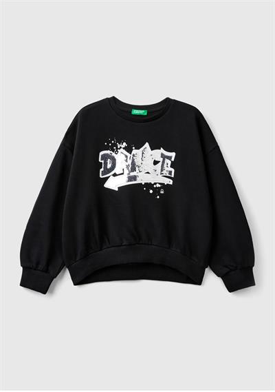 United Colors of Benetton Kız Çocuk Siyah Önü Pullu Baskı Detaylı Bisiklet Yaka Sweatshirt