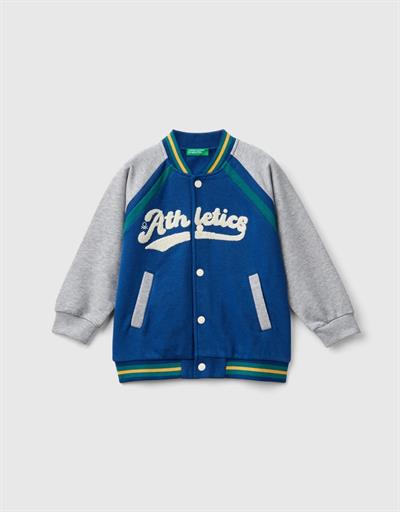 United Colors of Benetton Erkek Çocuk Saks Mavi Kontrast Detaylı Önü Çıtçıt Kapamalı Reglan Kol Bomber Sweatshirt