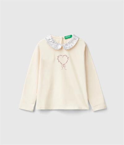 United Colors of Benetton Kız Çocuk Ekru Önü Su Bazlı Baskılı Yakası Pullu Uzun Kollu T-Shirt 10H2