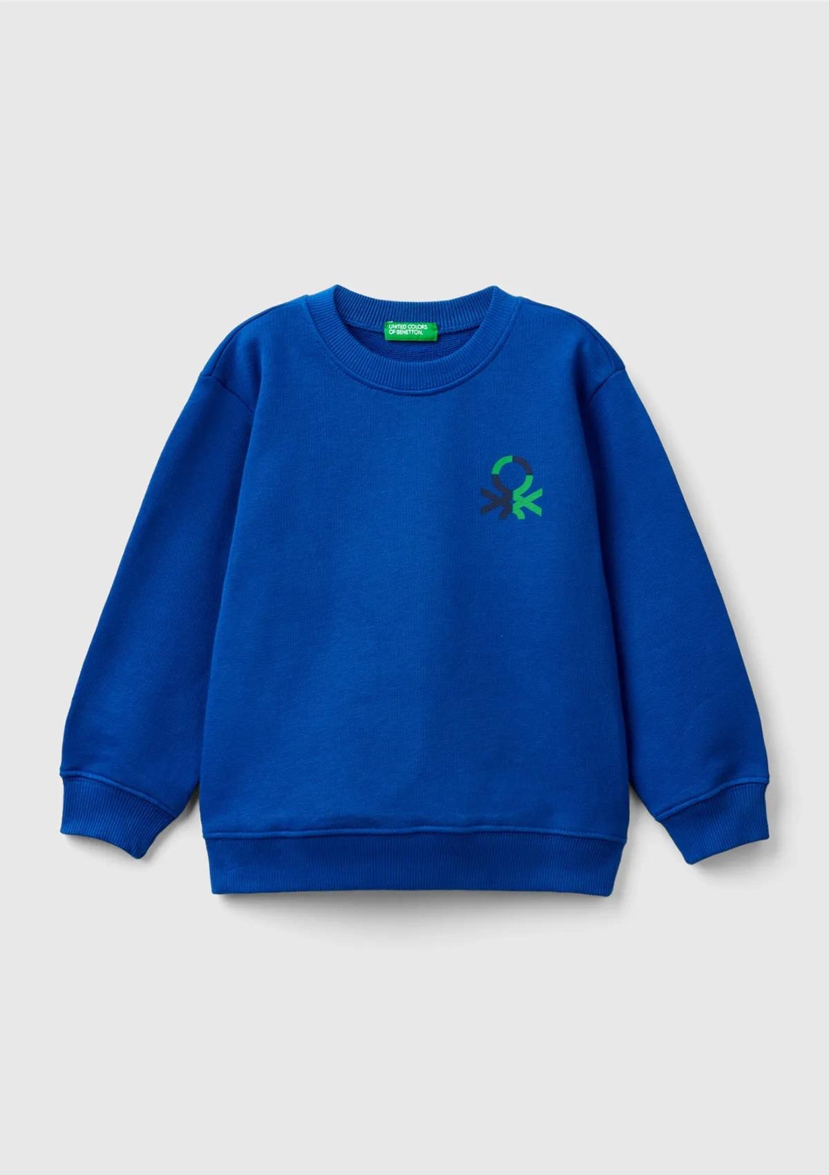 United Colors of Benetton Erkek Çocuk Saks Mavi Önü Logo Baskılı Bisiklet Yaka Sweatshirt