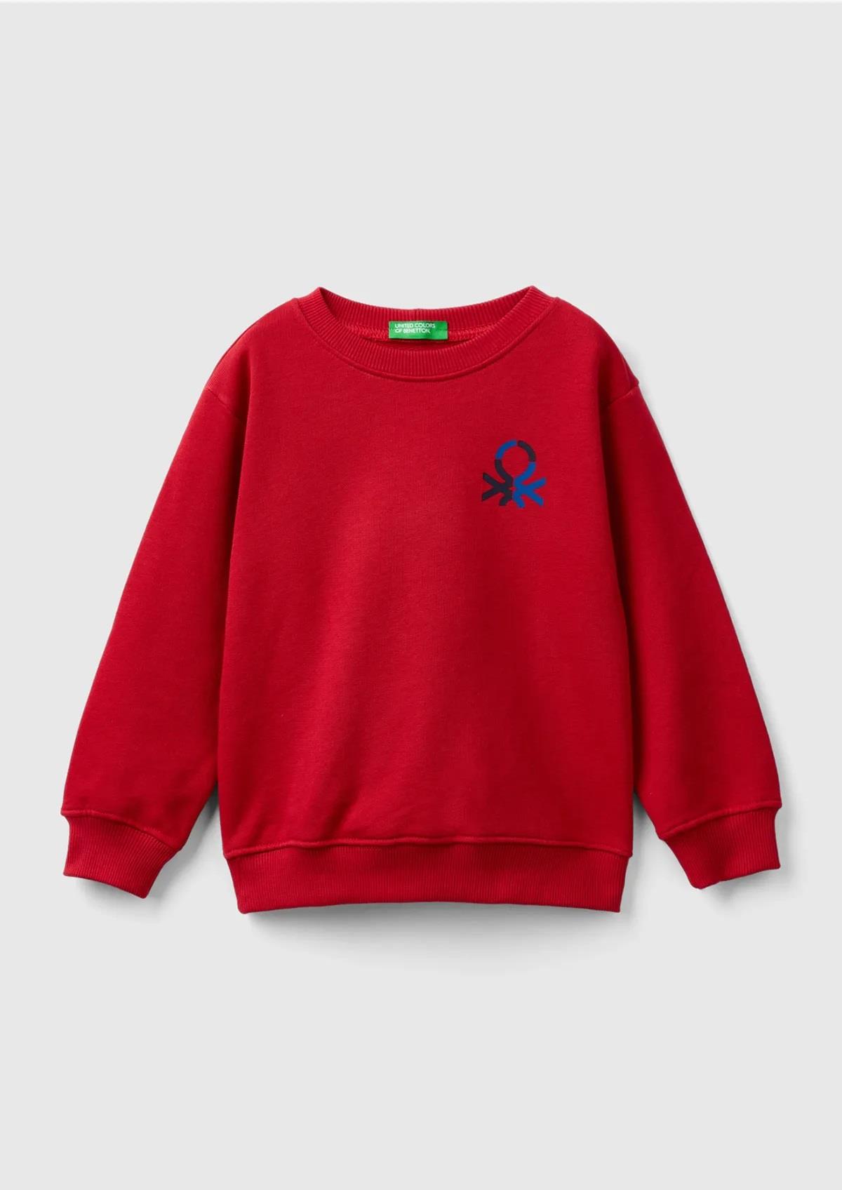 United Colors of Benetton Erkek Çocuk Kırmızı Önü Logo Baskılı Bisiklet Yaka Sweatshirt