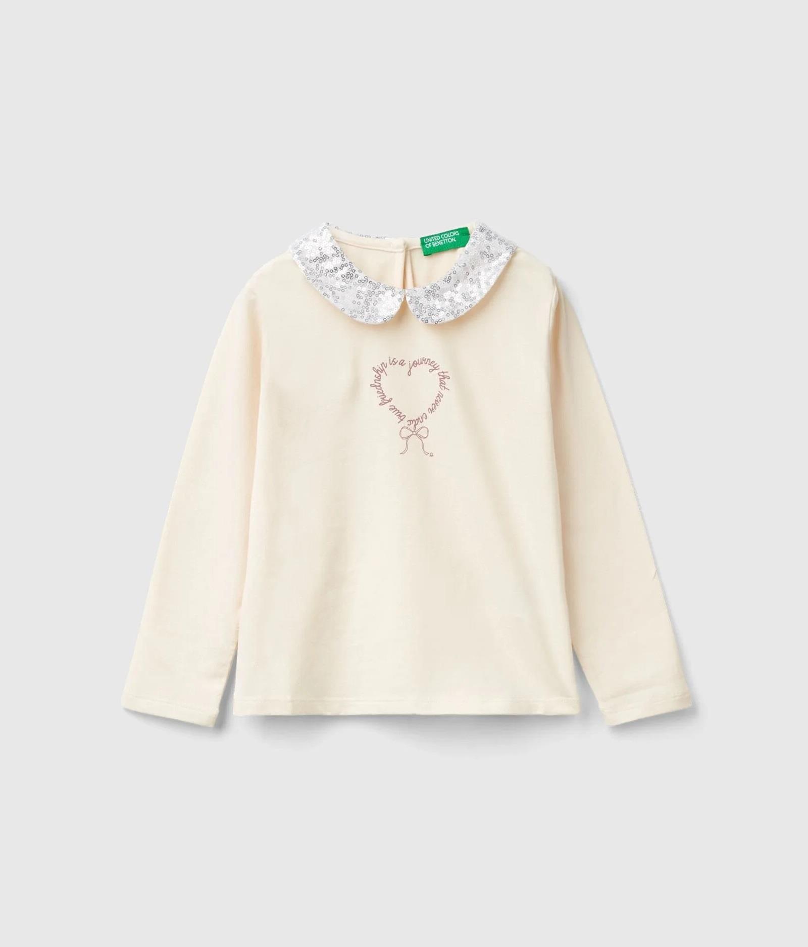 United Colors of Benetton Kız Çocuk Ekru Önü Su Bazlı Baskılı Yakası Pullu Uzun Kollu T-Shirt 10H2