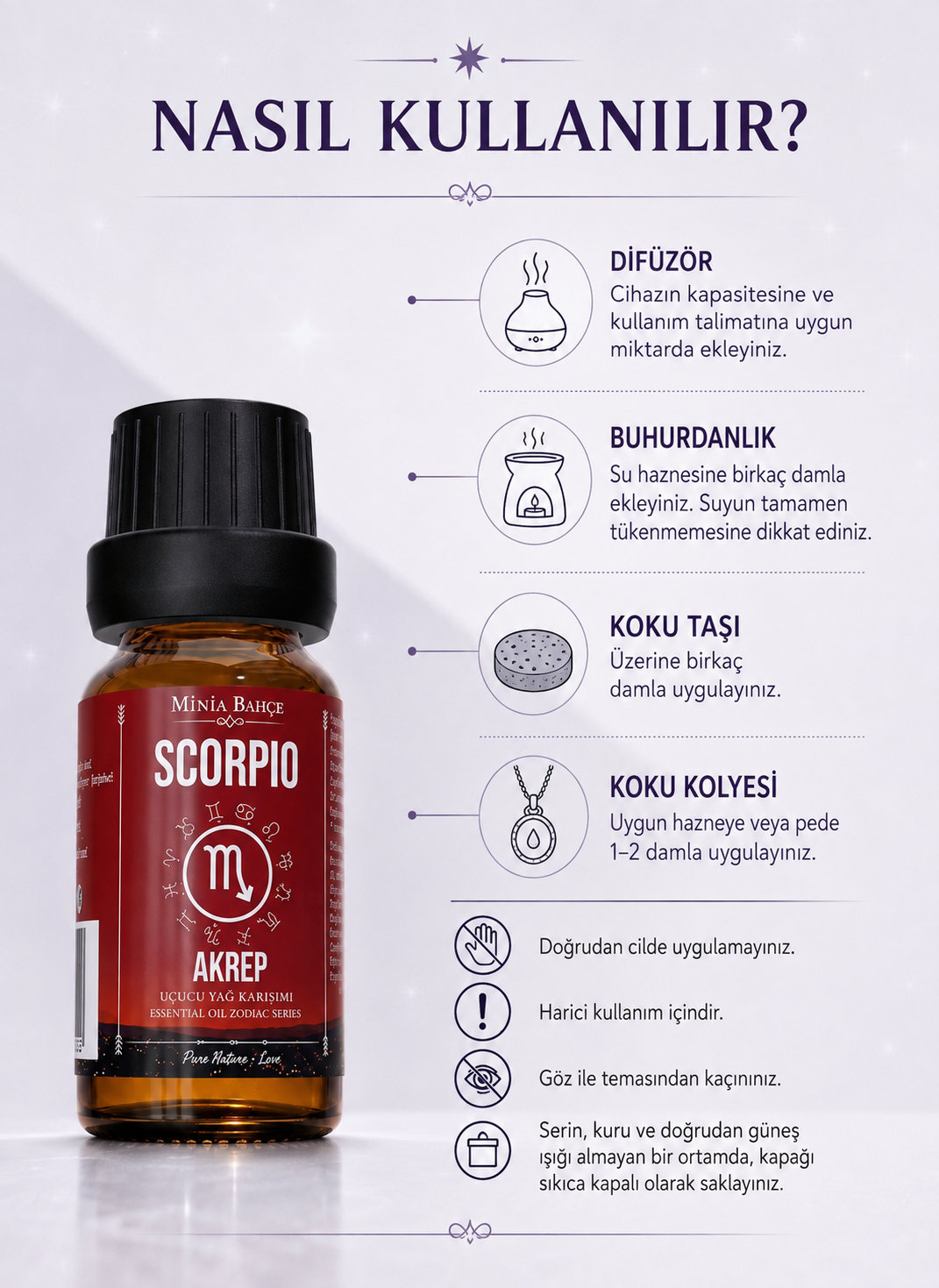Akrep Burcu Uçucu Yağ Karışımı – Paçuli, Akgünlük, Ylang Ylang, Lavanta, Sandal Ağacı ve Çam Uçucu Yağları, 10 ml