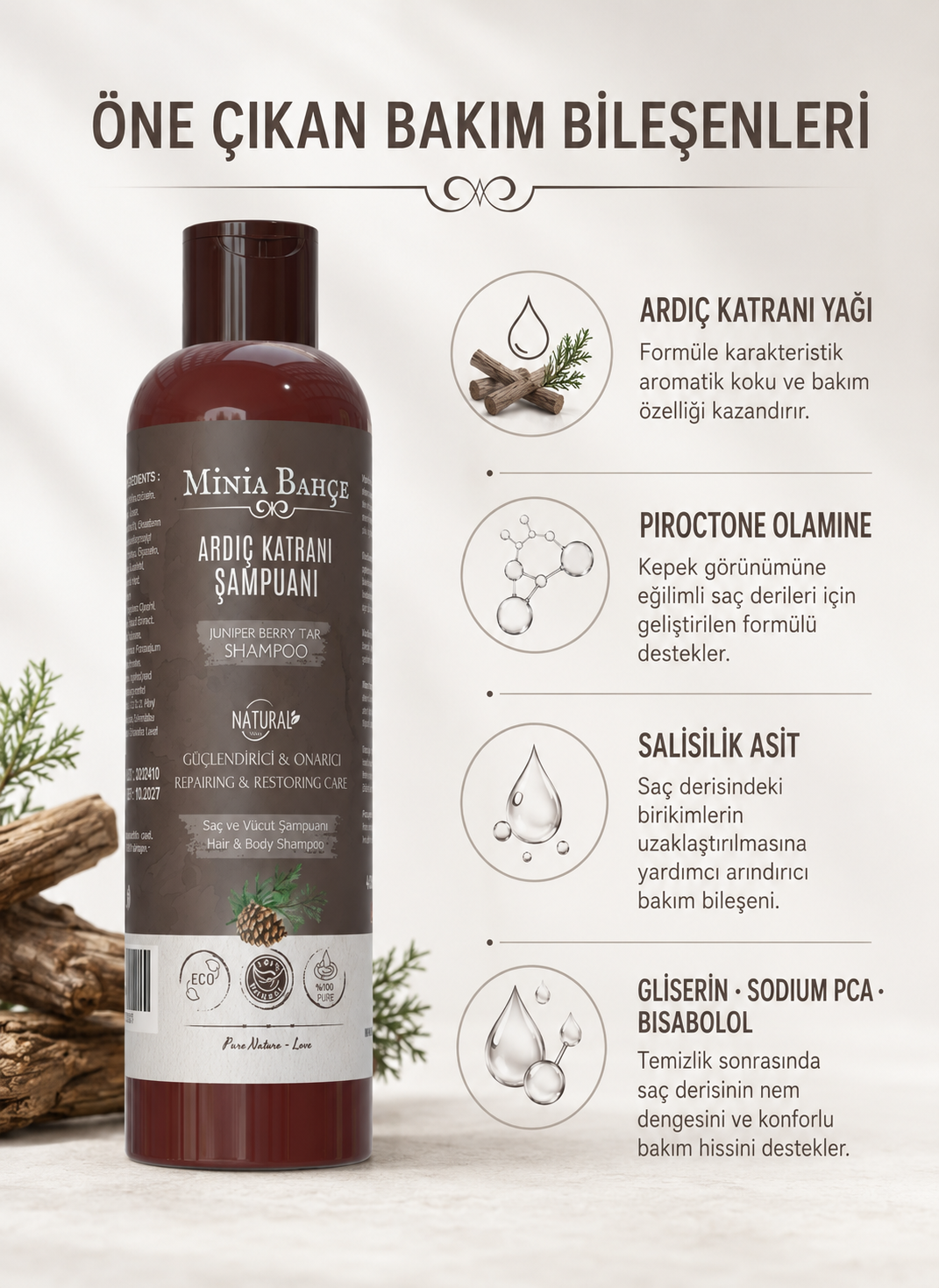 Ardıç Katranlı Şampuan – Ardıç Katranı, Biberiye ve Biotin İçeren Saç ve Saç Derisi Bakım Şampuanı, 400 ml