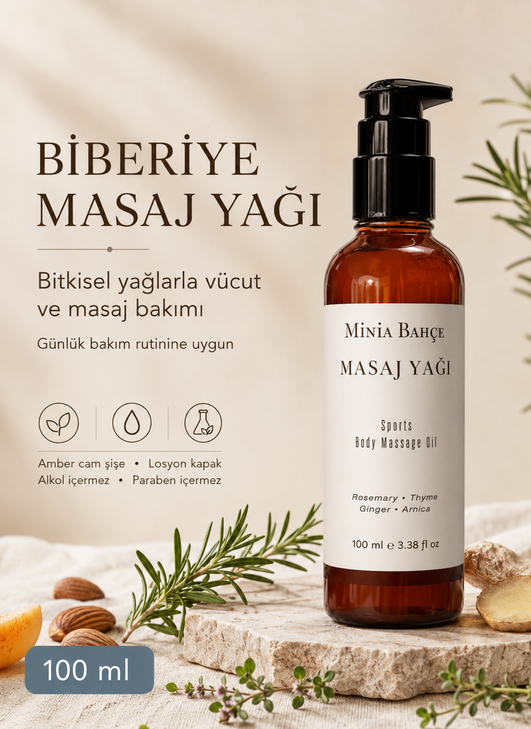 Biberiye Aromaterapi Masaj Yağı 100 ml | Kekik ve Zencefil