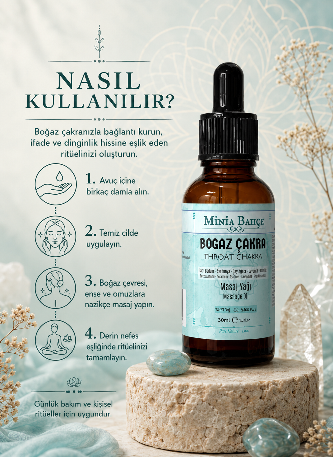 Boğaz Çakra Masaj Yağı – 30 ml | Itır, Çay Ağacı, Lavanta ve Akgünlük Yağlarıyla Masaj Bakımı