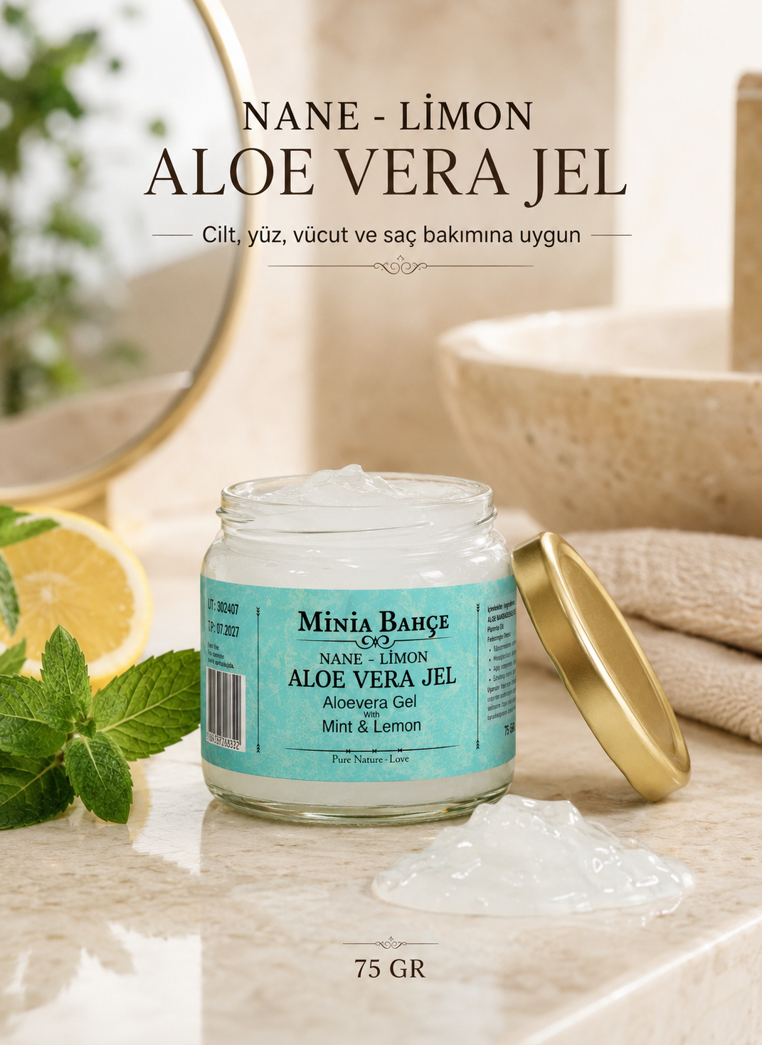Güneş Sonrası Aloe Vera Jel, Nane ve Limon Yağı – 75 ml, %100 Doğal