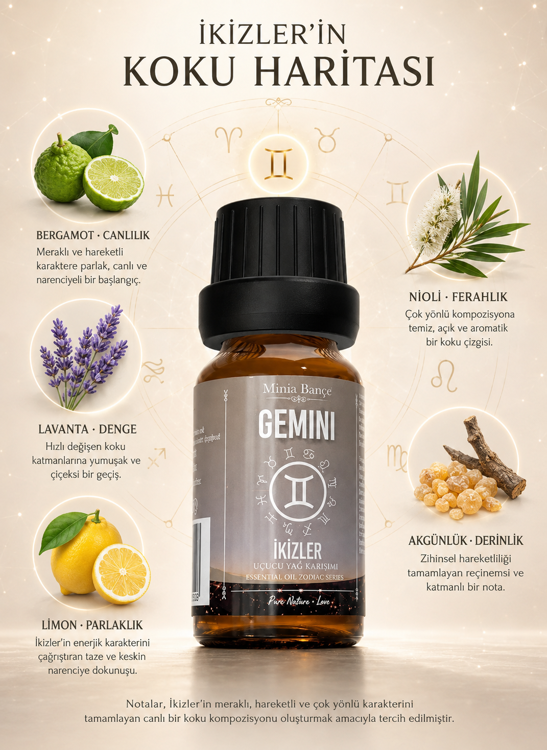 İkizler Burcu Uçucu Yağ Karışımı – Bergamot, Niaouli, Lavanta, Akgünlük ve Limon Uçucu Yağları, 10 ml