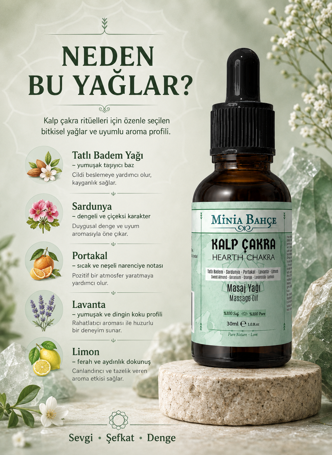 Kalp Çakra Masaj Yağı – 30 ml | Itır, Portakal, Lavanta ve Limon Yağlarıyla Masaj Bakımı
