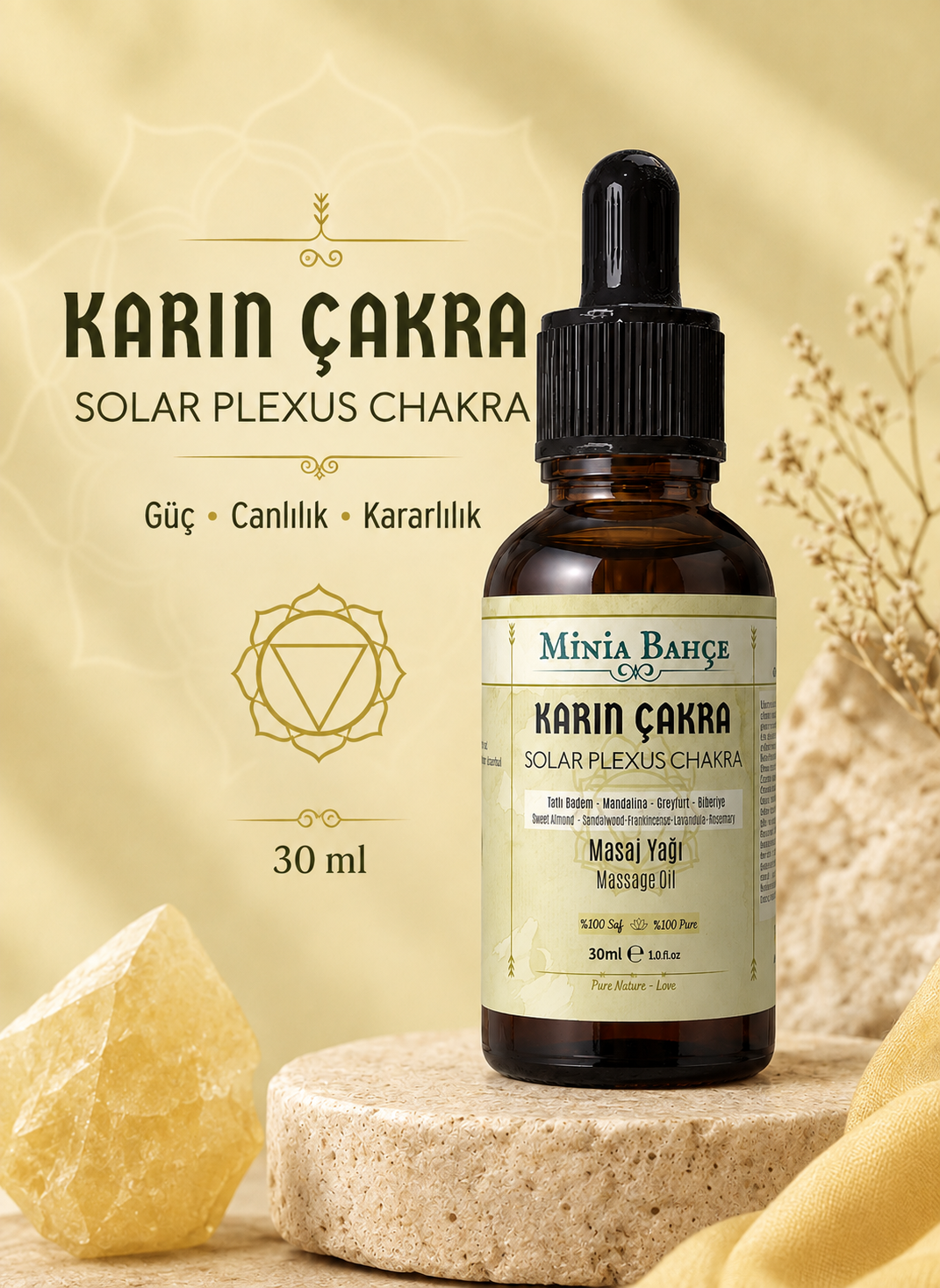 Karın Çakra Masaj Yağı - Solar Plexus Chakra Oil, 30ml | %100 Saf ve Doğal