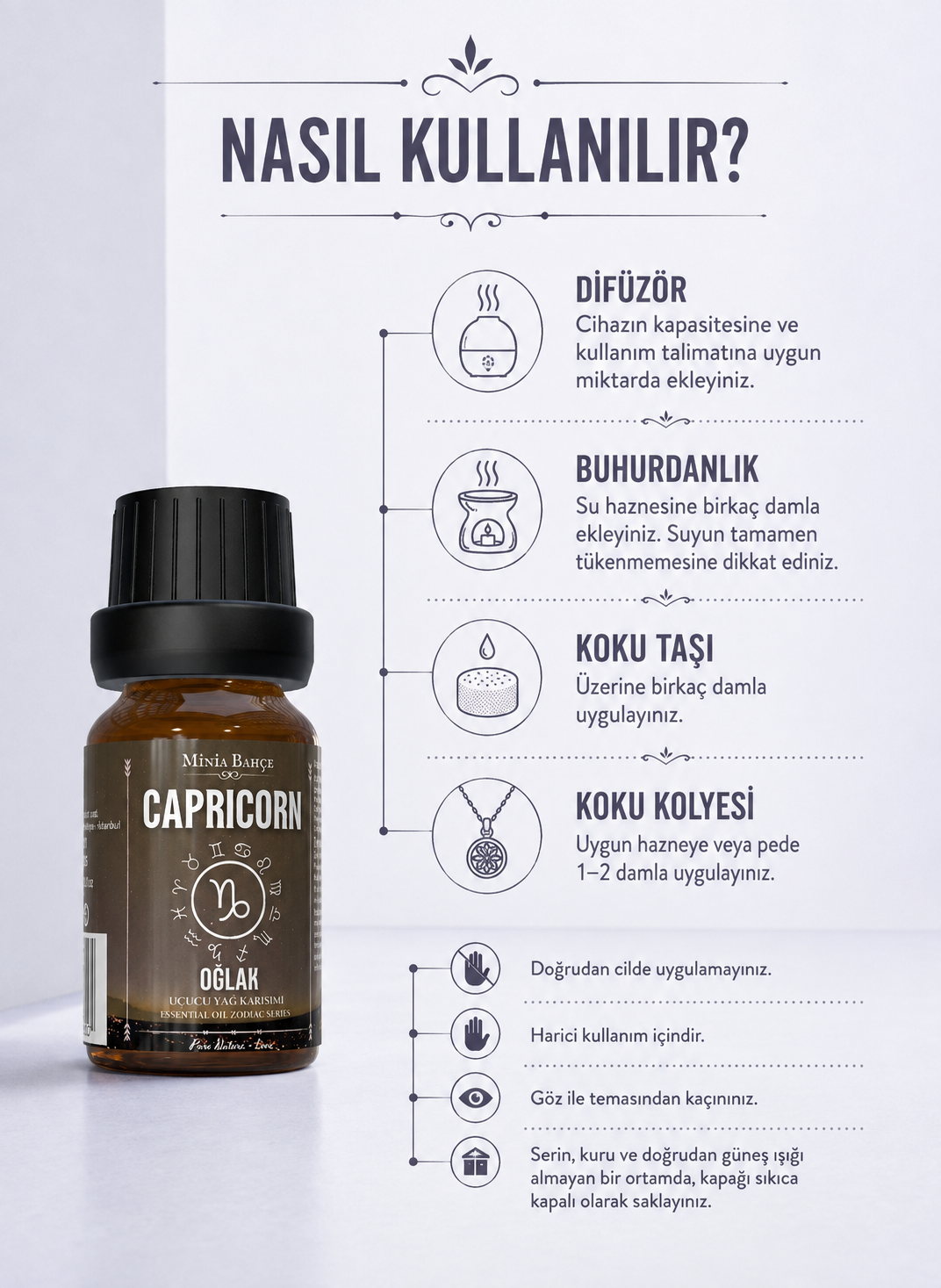 Oğlak Burcu Uçucu Yağ Karışımı – Zencefil, Nane, Limon Otu, Kekik ve Palmarosa Uçucu Yağları, 10 ml