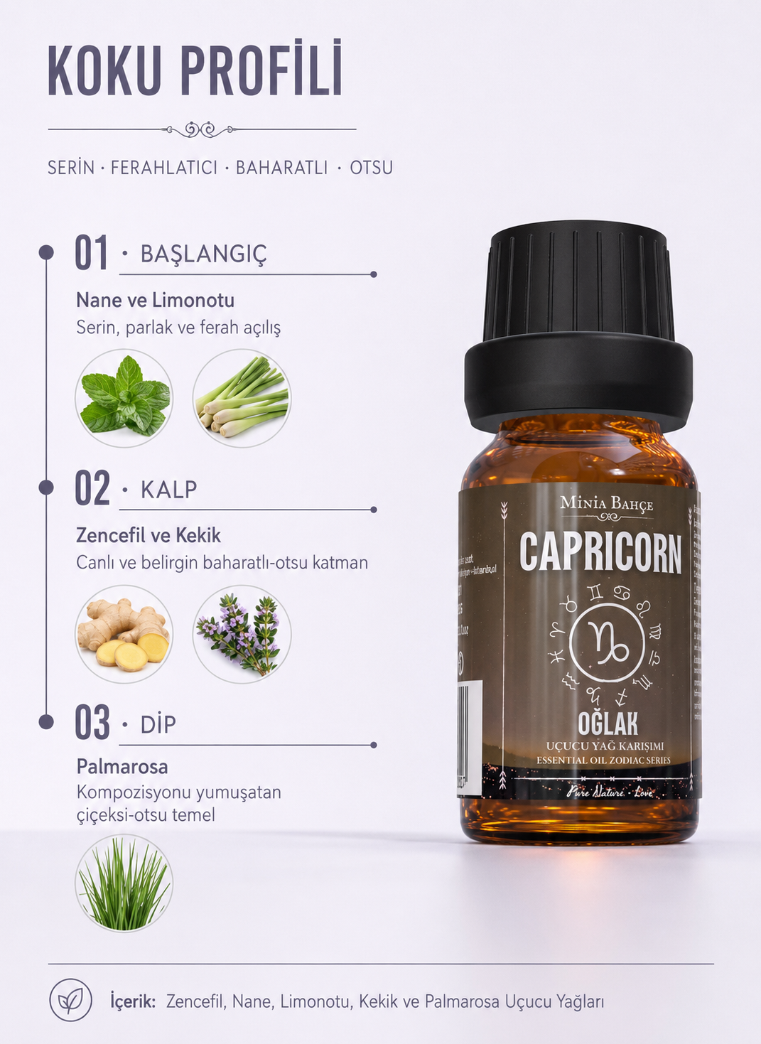 Oğlak Burcu Uçucu Yağ Karışımı – Zencefil, Nane, Limon Otu, Kekik ve Palmarosa Uçucu Yağları, 10 ml