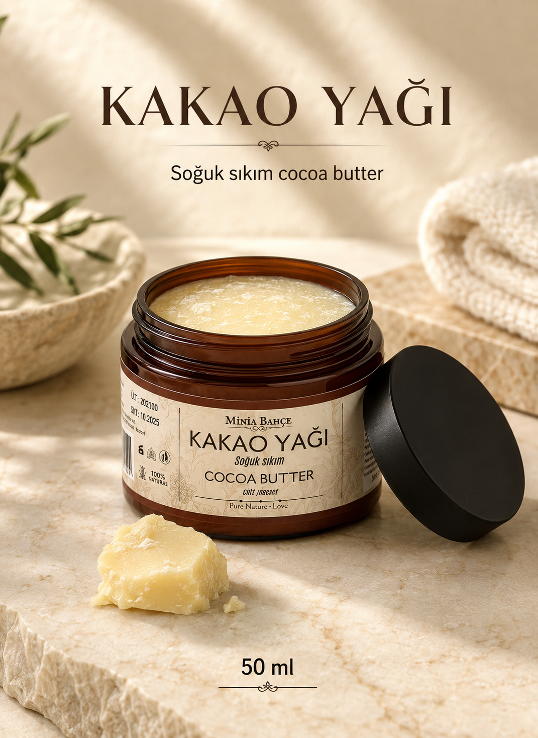 Soğuk Sıkım Kakao Yağı - %100 Doğal ve Saf, 50 ml