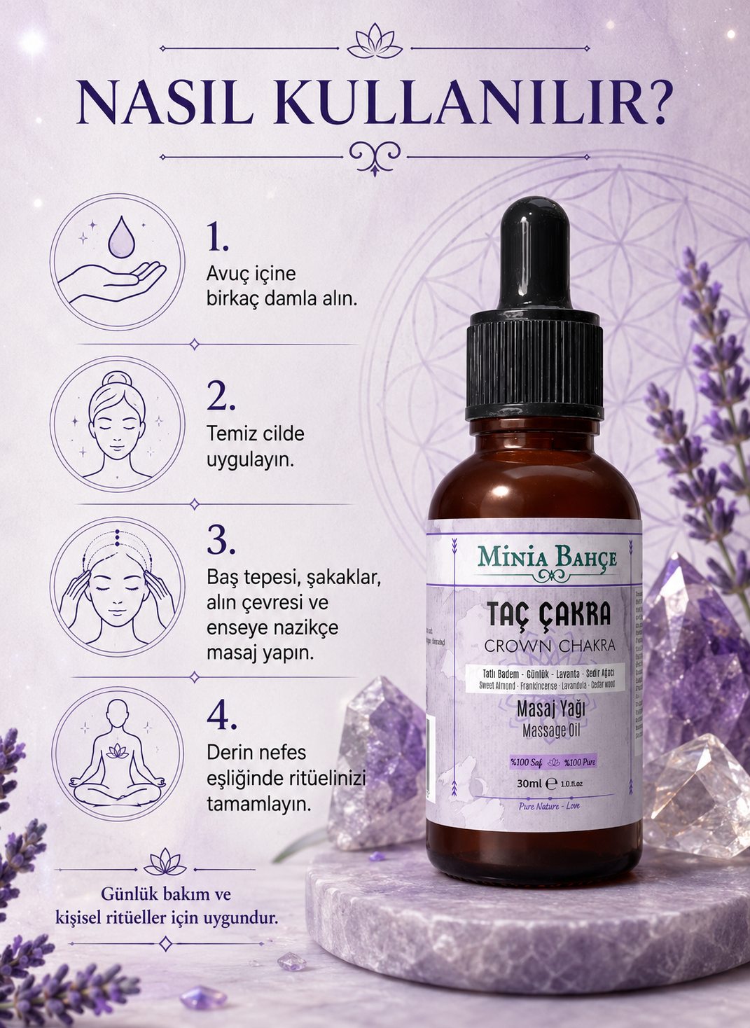 Taç Çakra Masaj Yağı – 30 ml | Akgünlük, Lavanta ve Sedir Ağacı Yağlarıyla Masaj Bakımı