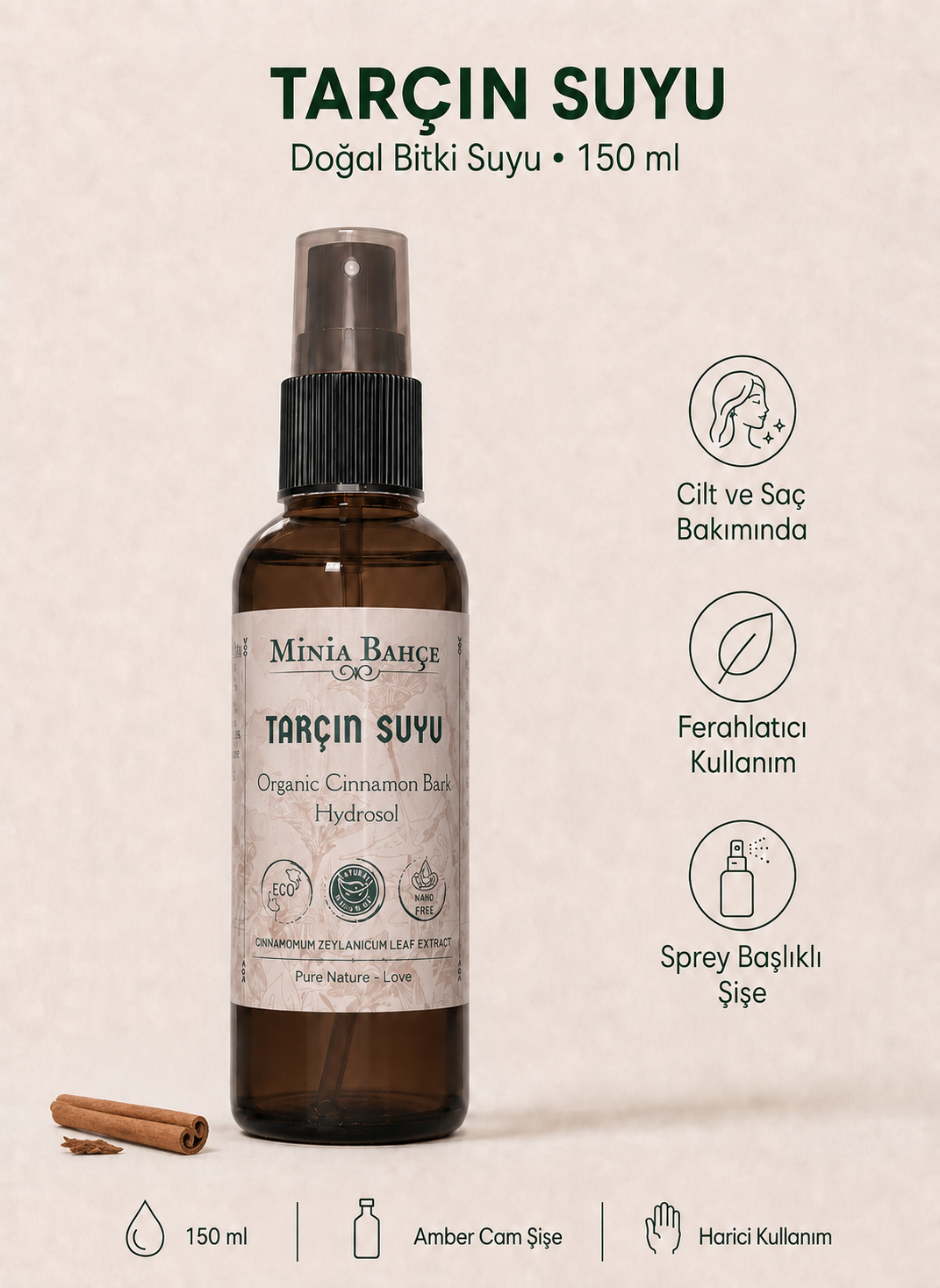 Tarçın Kabuğu Suyu - %100 Doğal ve Yağlı Hidrosol, 150ml