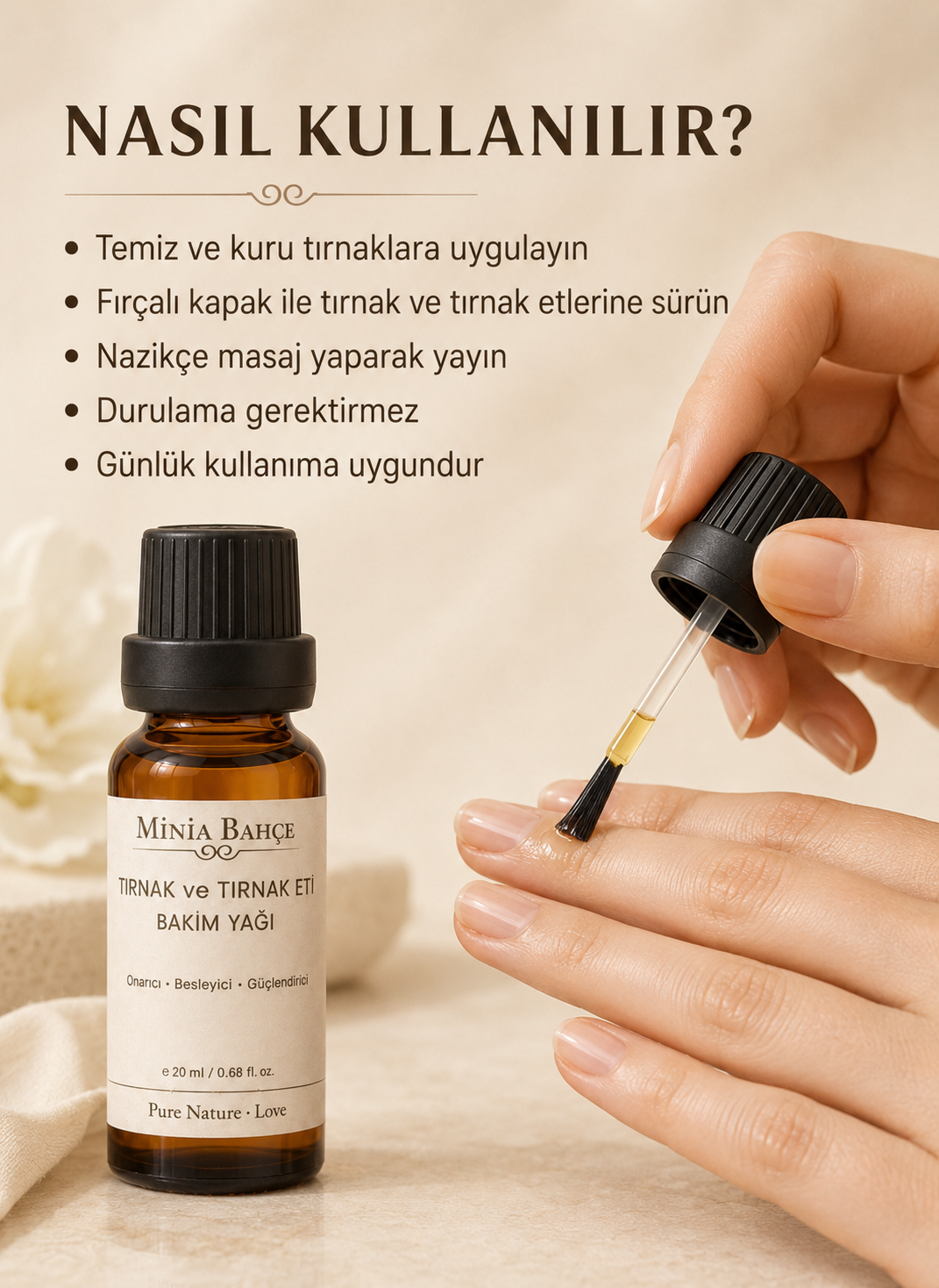 Minia Bahçe Tırnak ve Tırnak Eti Bakım Yağı – 20 ml | Fırçalı Aplikatörle Yoğun Bakım