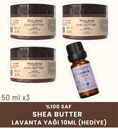 %100 Saf Shea Butter Seti 3x50 ml – Doğal Ham Karite Yağı + 10 ml Lavanta Yağı Hediye 
