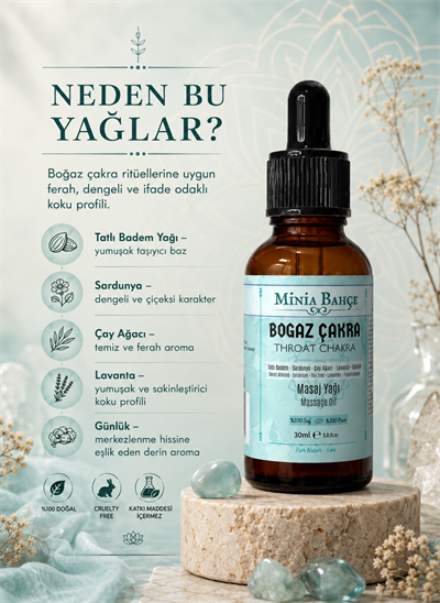 Boğaz Çakra Masaj Yağı – 30 ml | Itır, Çay Ağacı, Lavanta ve Akgünlük Yağlarıyla Masaj Bakımı