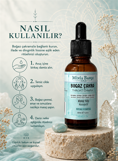 Boğaz Çakra Masaj Yağı – 30 ml | Itır, Çay Ağacı, Lavanta ve Akgünlük Yağlarıyla Masaj Bakımı