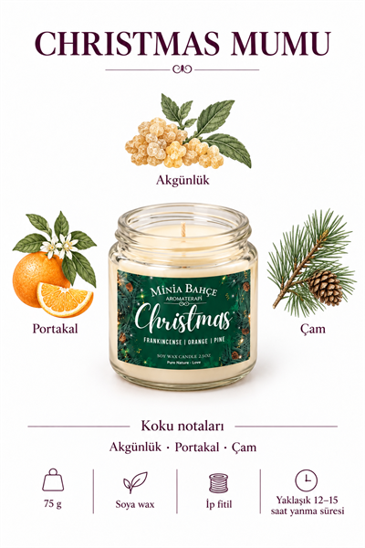 CHRISTMAS – AKGÜNLÜK, PORTAKAL VE ÇAM KOKULU SOYA MUMU – 75 GR