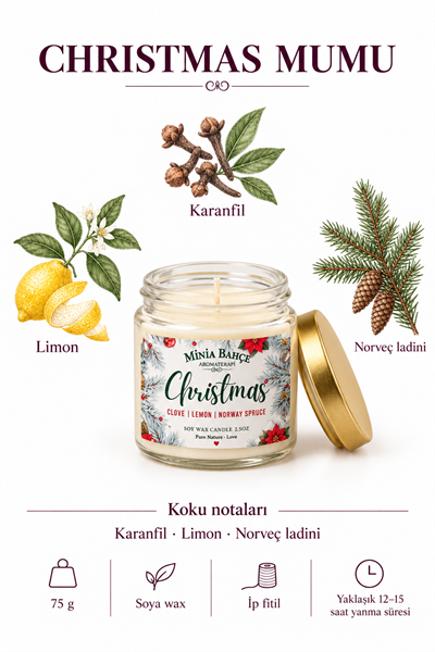 CHRISTMAS – KARANFİL, LİMON VE NORVEÇ LADİNİ KOKULU SOYA MUMU – 75 GR