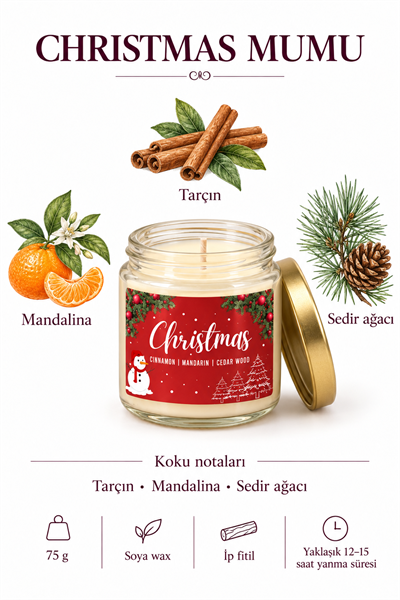 CHRISTMAS – YILBAŞI TEMALI 3LÜ KOKULU SOYA MUMU HEDİYE SETİ – 3 x 75 GR