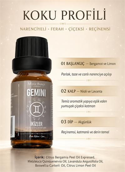 İkizler Burcu Uçucu Yağ Karışımı – Bergamot, Niaouli, Lavanta, Akgünlük ve Limon Uçucu Yağları, 10 ml