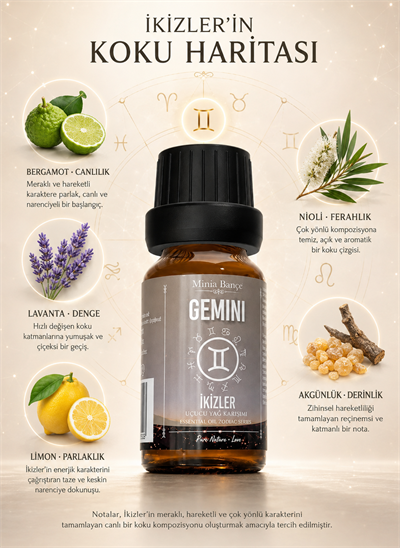 İkizler Burcu Uçucu Yağ Karışımı – Bergamot, Niaouli, Lavanta, Akgünlük ve Limon Uçucu Yağları, 10 ml