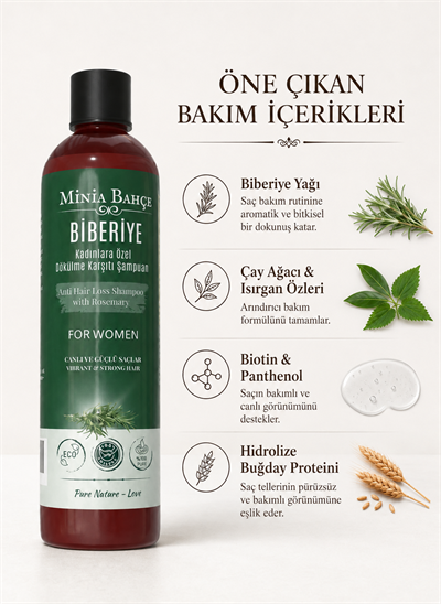 Kadınlara Özel Doğal Şampuan – Biberiye & Bitkisel Özler | Dökülme Karşıtı ve Saç Güçlendirici – 400 ml