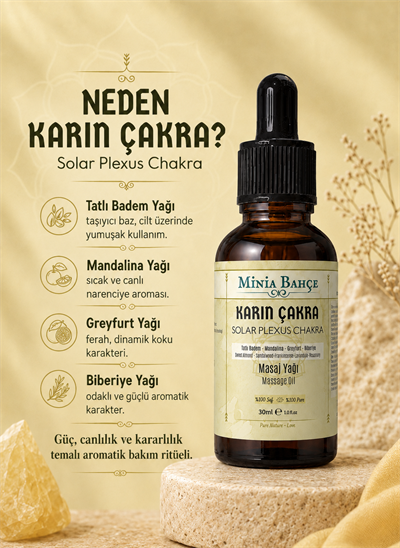 Karın Çakra Masaj Yağı – 30 ml | Mandalina, Greyfurt ve Biberiye Yağlarıyla Solar Pleksus Bakımı