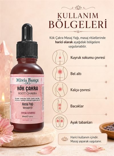 Minia Bahçe Kök Çakra Masaj Yağı – 30 ml | Sandal, Akgünlük ve Sedir Ağacı Yağlarıyla Masaj Bakımı