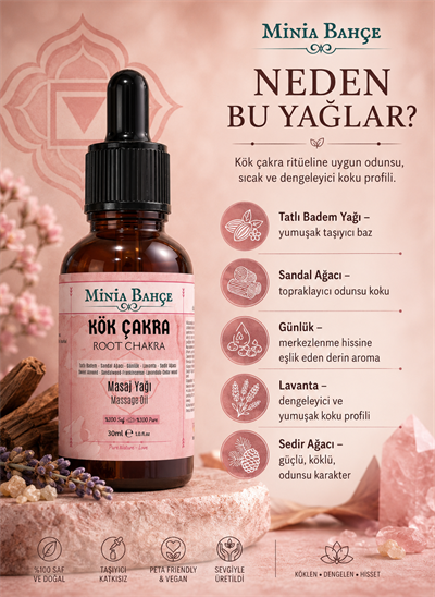 Minia Bahçe Kök Çakra Masaj Yağı – 30 ml | Sandal, Akgünlük ve Sedir Ağacı Yağlarıyla Masaj Bakımı