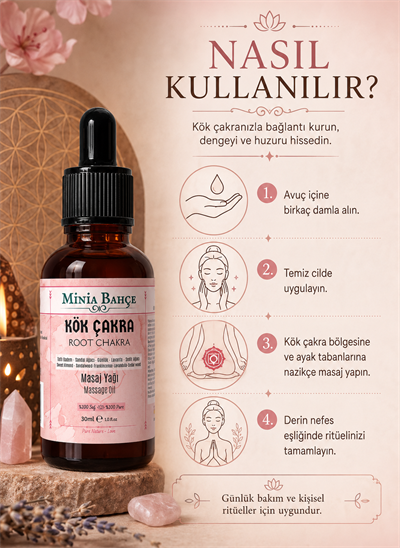 Minia Bahçe Kök Çakra Masaj Yağı – 30 ml | Sandal, Akgünlük ve Sedir Ağacı Yağlarıyla Masaj Bakımı