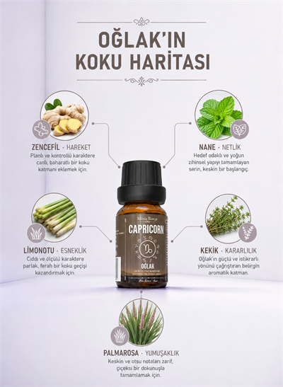 Oğlak Burcu Uçucu Yağ Karışımı – Zencefil, Nane, Limon Otu, Kekik ve Palmarosa Uçucu Yağları, 10 ml