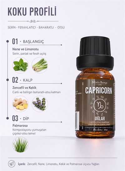 Oğlak Burcu Uçucu Yağ Karışımı – Zencefil, Nane, Limon Otu, Kekik ve Palmarosa Uçucu Yağları, 10 ml