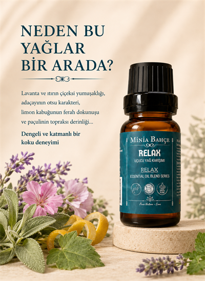 Relax Uçucu Yağ Karışımı – 10 ml | Lavanta, Paçuli, Adaçayı, Limon ve Itır Yağlı Aromaterapi Karışımı