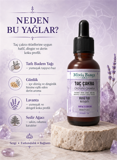 Taç Çakra Masaj Yağı – 30 ml | Akgünlük, Lavanta ve Sedir Ağacı Yağlarıyla Masaj Bakımı