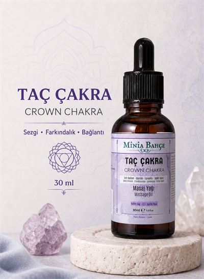 Taç Çakra Masaj Yağı – 30 ml | Akgünlük, Lavanta ve Sedir Ağacı Yağlarıyla Masaj Bakımı