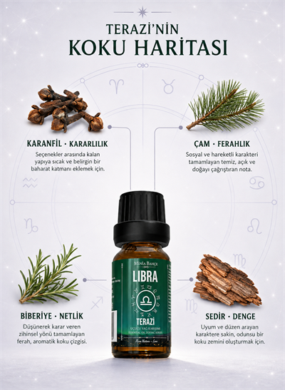 Terazi Burcu Uçucu Yağ Karışımı – Karanfil, Çam, Biberiye ve Sedir Uçucu Yağları, 10 ml
