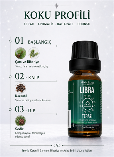 Terazi Burcu Uçucu Yağ Karışımı – Karanfil, Çam, Biberiye ve Sedir Uçucu Yağları, 10 ml