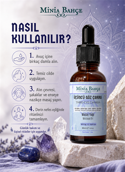 Üçüncü Göz Çakra Masaj Yağı – 30 ml | Sandal, Ladin, Yasemin ve Çay Ağacı Yağlarıyla Masaj Bakımı