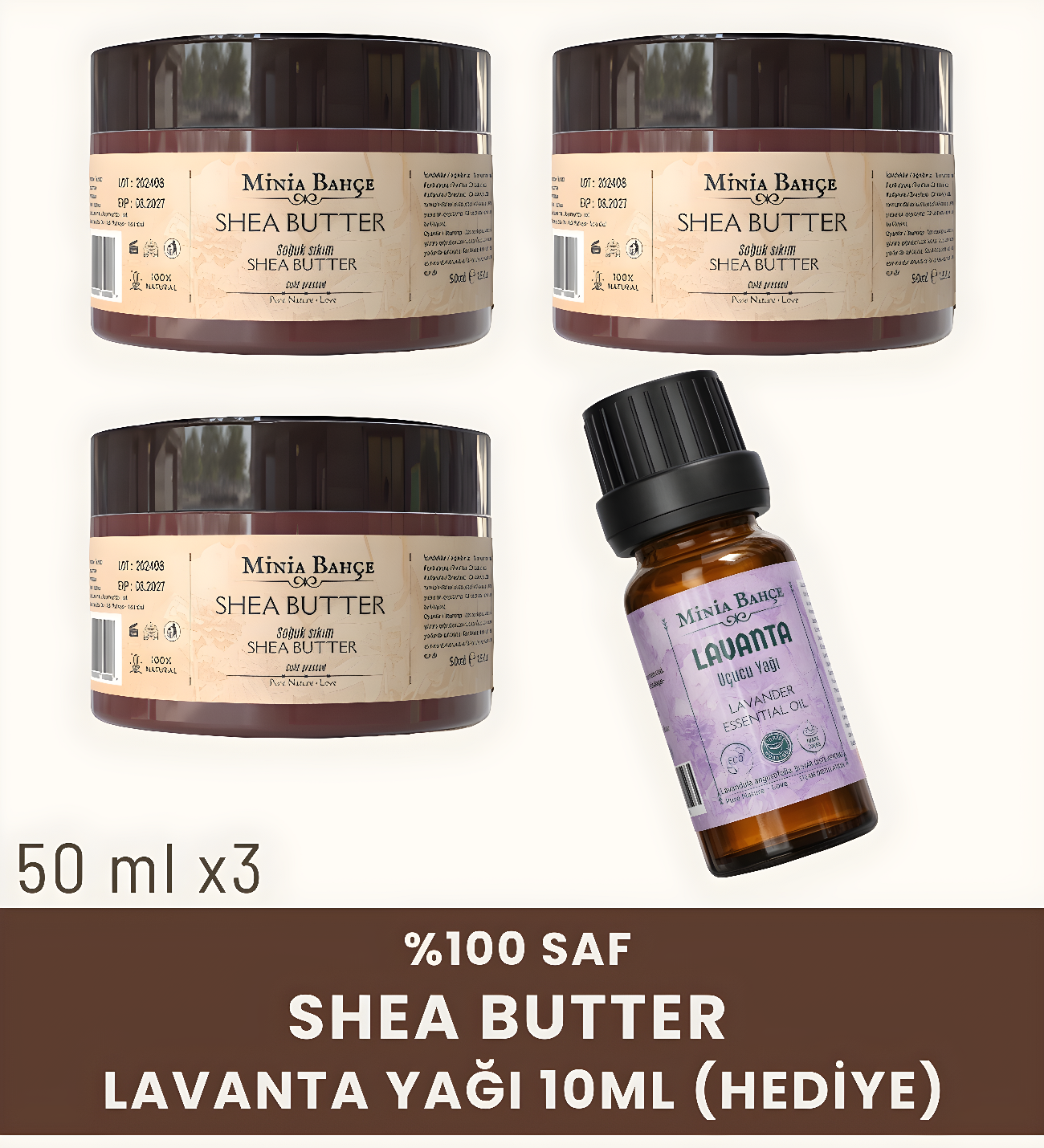 %100 Saf Shea Butter Seti 3x50 ml – Doğal Ham Karite Yağı + 10 ml Lavanta Yağı Hediye 