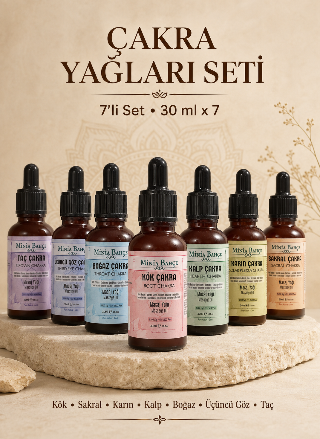Aromaterapi 7 Çakra Masaj Yağı Seti | %100 Saf ve Doğal 210ml