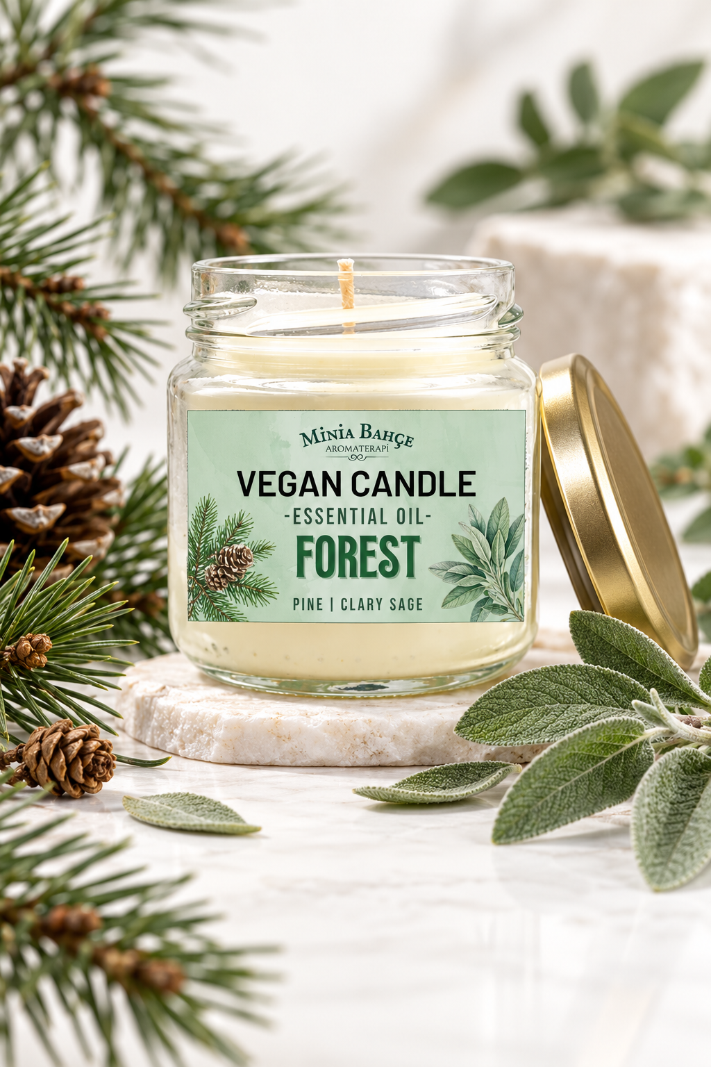 Aromaterapi Vegan Soya Wax Mumu - Çam ve Ada Çayı, 75 gr
